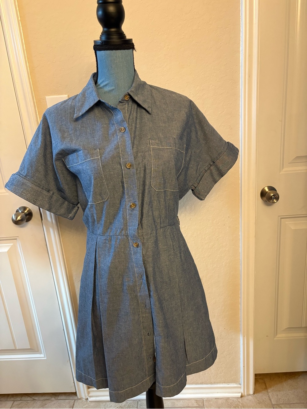 Banana Republic Blue Chambray Short-Sleeve Belted Midi Dress - Picture 2 of 9